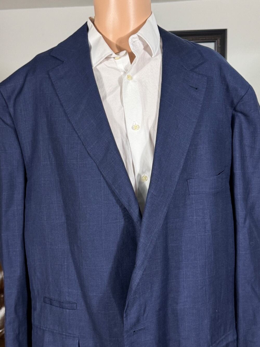 Brunello Cucinelli Blue Houndstooth Blazer 64 54R US Mens' xXXXL Wool LInen Silk